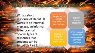 • Write a short
response of ab out 80
words to an informal
message, an informal
letter or email
• Several types of
responses that
students can be
tested on Part 1:
Response to
simple
requests and
suggestions
Explain
simple
processes
Factual or
imagined
events or
experiences
Express and
respond to
opinion and
common
feelings
PART 1 – SHORT COMMINICATIVE MESSAGE
 