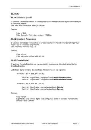 COM2 - MODBUS
—————————————————————————————————————————


2.6.4 Valor

2.6.4.1 Entrada de presión

El Valor de Entrada de Presión es una representación hexadecimal de la presión medida por
el sensor de presión.
Este valor está indicado en mbar (0.001 bar)

Ejemplo:

        Valor = 1B80
        Valor decimal = 7040 mbar, es decir, 7,040 bar.

2.6.4.2 Entrada de Temperatura

El Valor de Entrada de Temperatura es una representación hexadecimal de la temperatura
medida por el sensor de temperatura.
Este Valor está indicado en 0.1°C

Ejemplo:

        Valor = 0357
        Valor decimal = 855, es decir, 85.5°C

2.6.4.3 Entrada Digital

El Valor de Entrada Digital es una representación hexadecimal del estado actual de las
Entradas Digitales

La Entrada Digital combina dos cuartetos (4 bits) indicando los siguiente:

          Cuarteto 1 (Bit 7, Bit 6, Bit 5, Bit 4 )

                 Valor: 00     Significado: Configurado como Normalmente Abierto
                 Valor: 01     Significado: Configurado como Normalmente Cerrado

          Cuarteto 2 (Bit 3, Bit 2, Bit 1, Bit 0 )

                 Valor: 00     Significado: La entrada digital está Abierta
                 Valor: 01     Significado: La entrada digital está Cerrada

Ejemplo:

        Valor = 0101
        Significado: Esta entrada digital está configurada como un contacto normalmente
        cerrado y está Cerrado.




————————————————————————————————————————
Departamento de Servicio Oil-free Air         Curso de Servicio Técnico            Página 13
 