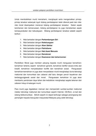 sukatan pelajaran pendidikan moral kbsm




Untuk membolehkan murid memahami, menghayati serta mengamalkan prinsip-
prinsip tersebut sebanyak tujuh bidang pembelajaran telah dikenal pasti dan nilai-
nilai moral disampaikan menerusi bidang pembelajaran tersebut.      Selain aspek
kerohanian dan kemanusiaan, bidang pembelajaran itu juga menekankan aspek
kemasyarakatan dan kebudayaan. Bidang pembelajaran tersebut adalah seperti
berikut :


       1. Nilai berkaitan dengan Perkembangan Diri
       2. Nilai berkaitan dengan Kekeluargaan
       3. Nilai berkaitan dengan Alam Sekitar
       4. Nilai berkaitan dengan Patriotisme
       5. Nilai berkaitan dengan Hak Asasi Manusia
       6. Nilai berkaitan dengan Demokrasi
       7. Nilai berkaitan dengan Keamanan dan keharmonian


Pendidikan Moral juga memberi peluang kepada murid menguasai kemahiran-
kemahiran tertentu seperti kemahiran generik, kemahiran berfikir secara kritis dan
kreatif, kemahiran menyelesaikan konflik dan kemahiran sosial.       Penguasaan
kemahiran-kemahiran ini juga akan menyediakan murid menghadapi dunia teknologi
maklumat dan komunikasi dan cabaran alaf baru dengan penuh keyakinan dan
bertanggungjawab sosial dan moral.        Penguasaan kemahiran ini juga akan
membantu pembinaan daya tahan dan kebolehan menghadapi segala tekanan dan
cabaran hidup di kalangan murid.


Para murid juga digalakkan mencari dan memperoleh sumber-sumber maklumat
melalui teknologi maklumat dan komunikasi seperti Internet, CD-Rom, e-mail dan
sidang telekomunikasi. Aktiviti seperti ini dapat berfungsi sebagai perangsang dan
pemangkin kepada kewujudan masyarakat Malaysia yang celek teknologi.




                                          2
 