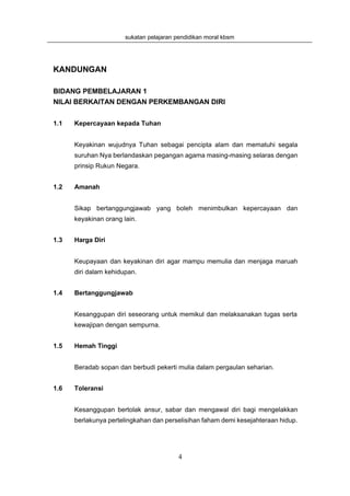 sukatan pelajaran pendidikan moral kbsm




KANDUNGAN

BIDANG PEMBELAJARAN 1
NILAI BERKAITAN DENGAN PERKEMBANGAN DIRI


1.1   Kepercayaan kepada Tuhan


      Keyakinan wujudnya Tuhan sebagai pencipta alam dan mematuhi segala
      suruhan Nya berlandaskan pegangan agama masing-masing selaras dengan
      prinsip Rukun Negara.


1.2   Amanah


      Sikap bertanggungjawab yang boleh menimbulkan kepercayaan dan
      keyakinan orang lain.


1.3   Harga Diri


      Keupayaan dan keyakinan diri agar mampu memulia dan menjaga maruah
      diri dalam kehidupan.


1.4   Bertanggungjawab


      Kesanggupan diri seseorang untuk memikul dan melaksanakan tugas serta
      kewajipan dengan sempurna.


1.5   Hemah Tinggi


      Beradab sopan dan berbudi pekerti mulia dalam pergaulan seharian.


1.6   Toleransi


      Kesanggupan bertolak ansur, sabar dan mengawal diri bagi mengelakkan
      berlakunya pertelingkahan dan perselisihan faham demi kesejahteraan hidup.




                                          4
 