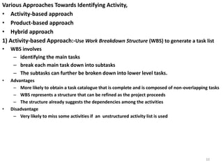 Various Approaches Towards Identifying Activity,
• Activity-based approach
• Product-based approach
• Hybrid approach
1) Activity-based Approach:-Use Work Breakdown Structure (WBS) to generate a task list
• WBS involves
– identifying the main tasks
– break each main task down into subtasks
– The subtasks can further be broken down into lower level tasks.
• Advantages
– More likely to obtain a task catalogue that is complete and is composed of non-overlapping tasks
– WBS represents a structure that can be refined as the project proceeds
– The structure already suggests the dependencies among the activities
• Disadvantage
– Very likely to miss some activities if an unstructured activity list is used
10
 