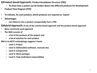 2)Product-based Approach:-Product Breakdown Structure (PBS)
– To show how a system can be broken down into different products for development
• Product Flow Diagram (PFD)
• To indicate, for each product, which products are required as ‘inputs’
• Advantages
– Less likely to miss a product unexpectedly from a PBS
3)Hybrid Approach:-A mix of the activity-based approach and the product-based approach
• More commonly used approach
• The WBS consists of
– a list of the products of the project; and
– a list of activities for each product
IBM in its MITP methodology suggests 5 levels
– Level 1: Project
– Level 2: Deliverables (software, manuals etc)
– Level 3: Components
– Level 4: Work-packages
– Level 5: Tasks (individual responsibility)
11
 