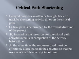 Critical Path Shortening
 Delayed projects can often be brought back on
track by shortening activity times on the critical
path.
 Critical path is determined by the overall duration
of the project.
 By increasing the resources for the critical path
activities results in completion of the activity
before time.
 At the same time, the resources used must be
effectively allocated to all the activities so that no
resources are idle at any point of time.
 
