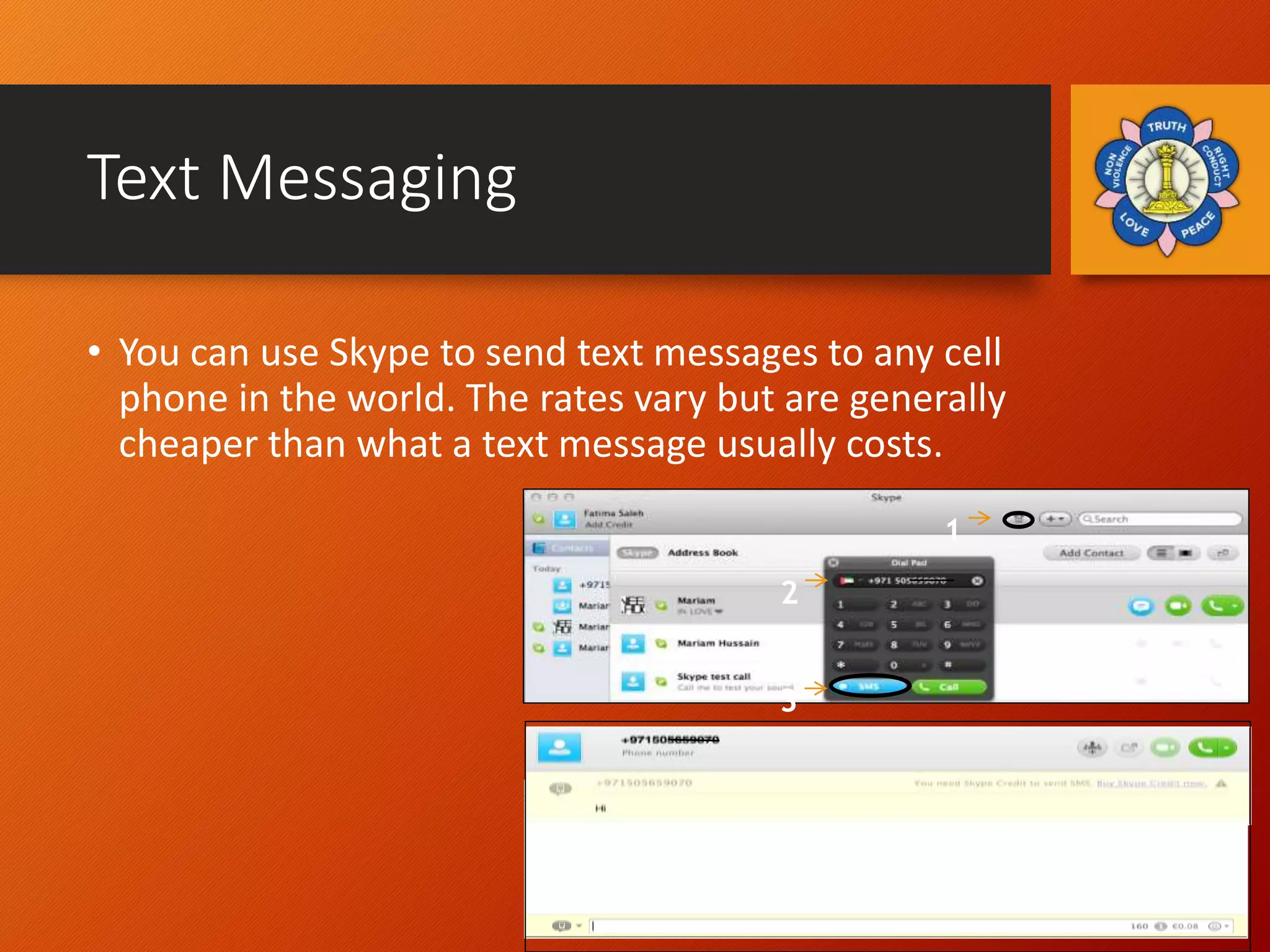 Text Messaging
• You can use Skype to send text messages to any cell
phone in the world. The rates vary but are generally
cheaper than what a text message usually costs.
1
3
2
 
