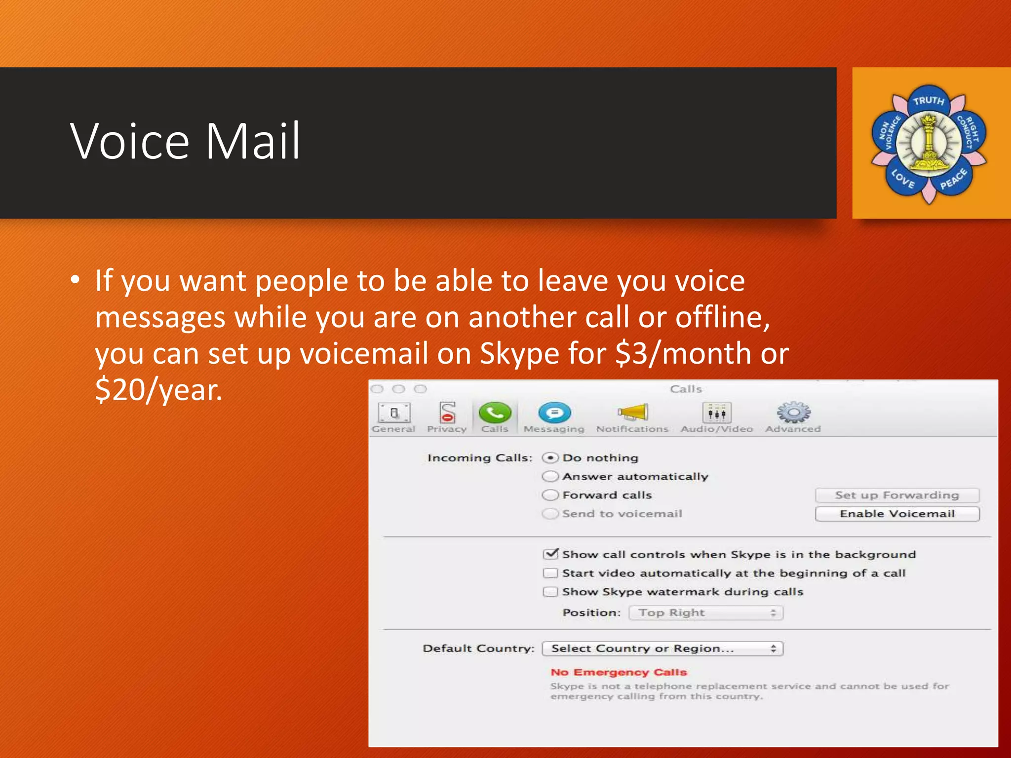 Voice Mail
• If you want people to be able to leave you voice
messages while you are on another call or offline,
you can set up voicemail on Skype for $3/month or
$20/year.
 