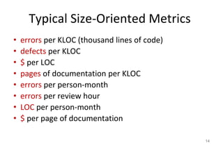 Typical Size-Oriented Metrics
• errors per KLOC (thousand lines of code)
• defects per KLOC
• $ per LOC
• pages of documentation per KLOC
• errors per person-month
• errors per review hour
• LOC per person-month
• $ per page of documentation
14
 