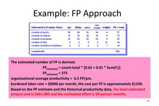 Example: FP Approach
43
The estimated number of FP is derived:
FPestimated = count-total * [0.65 + 0.01 * Sum(Fi)]
FPestimated = 375
organizational average productivity = 6.5 FP/pm.
burdened labor rate = $8000 per month, the cost per FP is approximately $1230.
Based on the FP estimate and the historical productivity data, the total estimated
project cost is $461,000 and the estimated effort is 58 person-months.
 