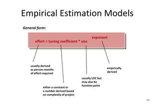 Empirical Estimation Models
50
General form:
effort = tuning coefficient * size
exponent
usually derived
as person-months
of effort required
either a constant or
a number derived based
on complexity of project
usually LOC but
may also be
function point
empirically
derived
 
