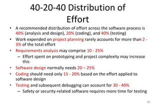 40-20-40 Distribution of
Effort
• A recommended distribution of effort across the software process is
40% (analysis and design), 20% (coding), and 40% (testing)
• Work expended on project planning rarely accounts for more than 2 -
3% of the total effort
• Requirements analysis may comprise 10 - 25%
– Effort spent on prototyping and project complexity may increase
this
• Software design normally needs 20 – 25%
• Coding should need only 15 - 20% based on the effort applied to
software design
• Testing and subsequent debugging can account for 30 - 40%
– Safety or security-related software requires more time for testing
61
 