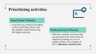 Prioritizing activities
Total Float Priority
• Activities are ordered according
to their total float, those with
the smallest total float having
the highest priority.
Ordered List Priority
• With this method, activities that
can proceed at the same time are
ordered according to a set of
simple criteria. An example of
this is Burman’s priority list.
 