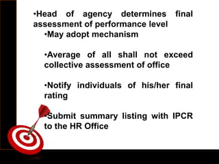 •Head of agency determines final
assessment of performance level
•May adopt mechanism
•Average of all shall not exceed
collective assessment of office
•Notify individuals of his/her final
rating
•Submit summary listing with IPCR
to the HR Office
 