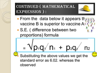 Continued ( mathematical
expression ) :
 From the data below it appears that
  vaccine B is superior to vaccine A .
 S.E. ( difference between two
  proportions) formula


     =   √p q 1   1   n + pq
                       1         2   2   n2
   Substituting the above values we get the
    standard error as 6.02. whereas the
    observed
 