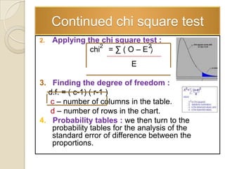 Continued chi square test
2.   Applying the chi square test :
                  2            2
               chi = ∑ ( O – E )
                           E

3. Finding the degree of freedom :
  d.f. = ( c-1) ( r-1 )
   c – number of columns in the table.
   d – number of rows in the chart.
4. Probability tables : we then turn to the
   probability tables for the analysis of the
   standard error of difference between the
   proportions.
 