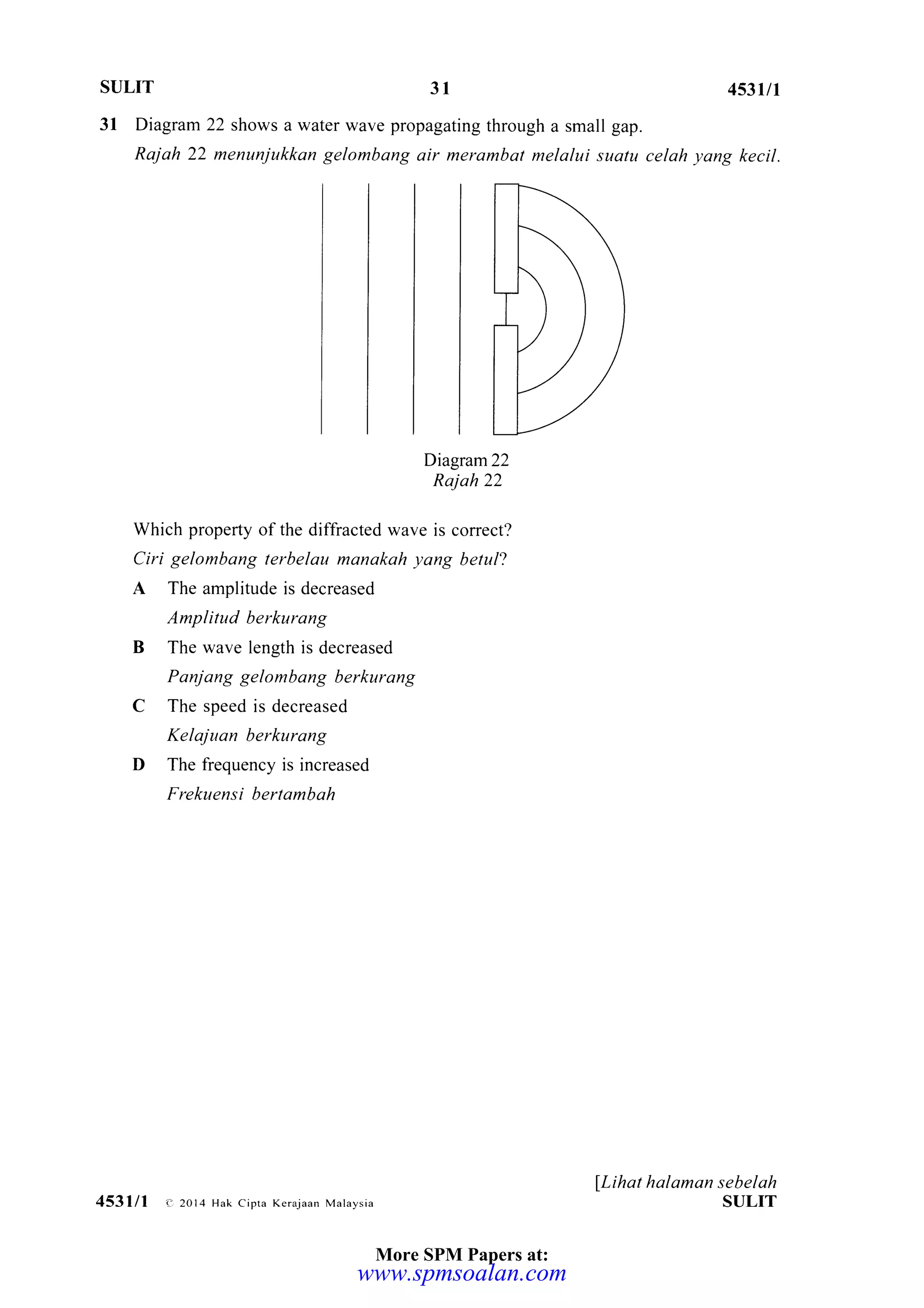 SULIT 453u1
31 Diagram 22 shows a water wave propagating through a small gap.
Rajah 22 menunjukkan gelombang air merambat melalui suatu celah yang kecil.
Diagram22
Raj ah 22
Which property of the diffracted wave is correct?
Ciri gelombang terbelau manakah yang betul?
A The amplitude is decreased
Amplitud berkurang
B The wave length is decreased
Panjang gelombang berkurang
C The speed is decreased
Kelajuan berkurang
D The frequency is increased
Frekuensi bertambah
lLihat halaman sebelah
SULIT
31
453lll <:20r4 Hak cipta Kerajaan Mataysia
More SPM Papers at:
www.spmsoalan.com
 