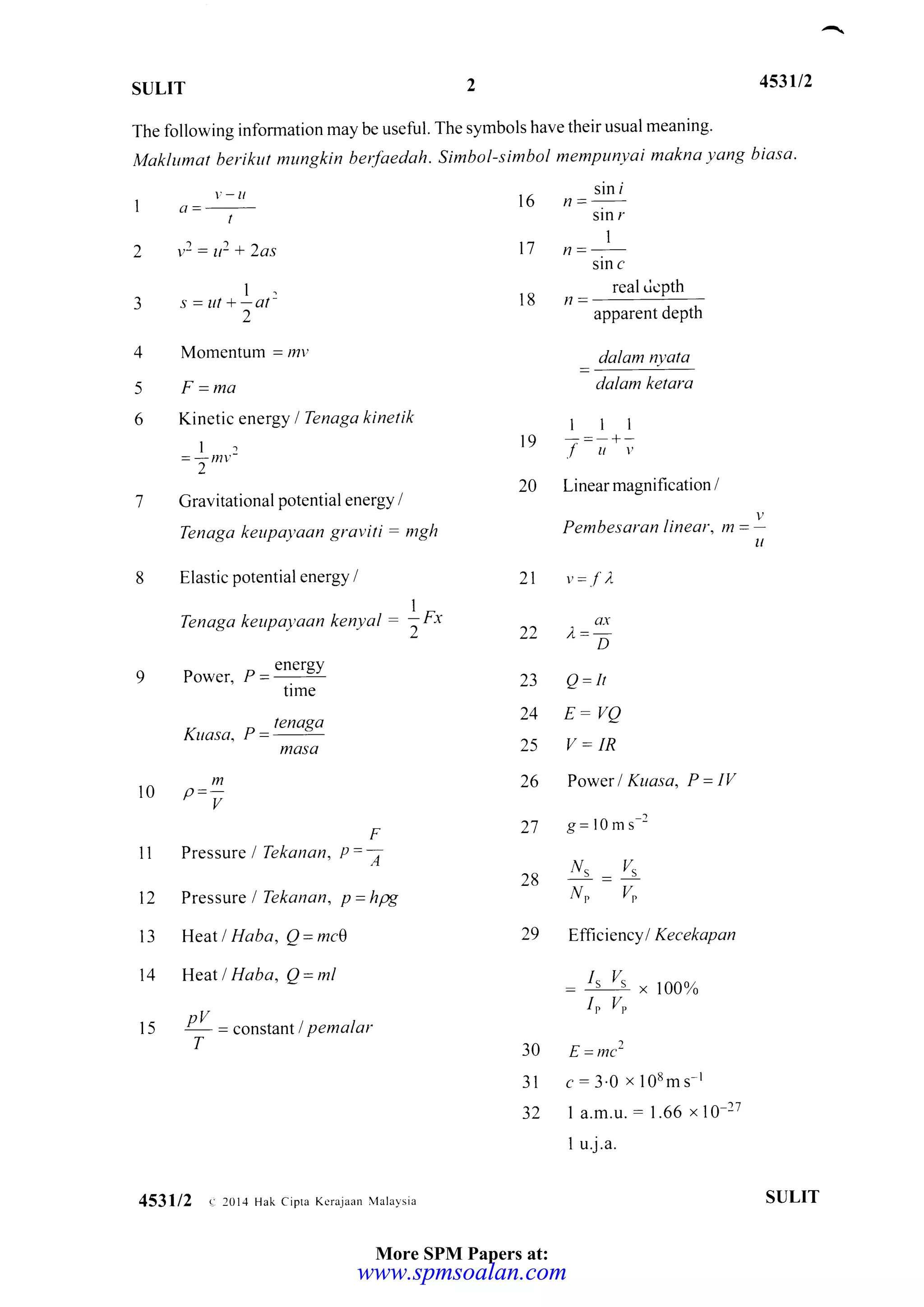 SULIT 453il2
The following information may be useful. The symbols have their usual meaning'
Maklumot berikttt mlmgkin berfaedoh. simbol-simbol mempunyai makna yang biasa.
sln I
16 n=-
sin r
17 ,= '
18 n=
sln c
real ticpth
apparent depth
dalam nyata
dalam ketara
lll
re 7=i*l
20 Linear magnification /
Pembesaran lineor, m =
v-lt
I o=- t
2 v2:u2 +2as
I
3 s =ut +-ol-
2
4 Momentum = mv
5 F =ma
6 Kinetic energy / Tenaga kinetik
=lr,"2
7 Gravitational potential energy /
Tenaga keupayaan gravili : ntgh
8 Elastic potential energy i
Tenaga keupayao, k"nlrat - )F*
9 Power, P=elergY
tlme
Kuasa. P =tenaSa
maso
m
lo p=i
F
1l Pressure I Tekanon, P= O
12 Pressure I Tekanan, p=hpg
l3 HeatlHaba, Q=mcl
14 HeatlHoba, Q=pl
15 Pv =ron tuntI pemalar
T
v=.f).
ox
"D
Q=tt
E_VQ
V=IR
PowerlKuasa, P=IV
g=l0ms -
N,
--
v,
NP VP
Efftciency I Kecekapan
: I, v, x 1oo%o
Io V,
-)
c:3.0 x 108 m s-l
1 a.m.u. : I .66 x l0 27
I u j.a.
I
u
2t
22
ZJ
24
25
26
27
28
29
30
JI
32
SULIT453112 c- 2014 Hak cipm Kerajaan Malaysia
More SPM Papers at:
www.spmsoalan.comwww.spmsoalan.com
 
