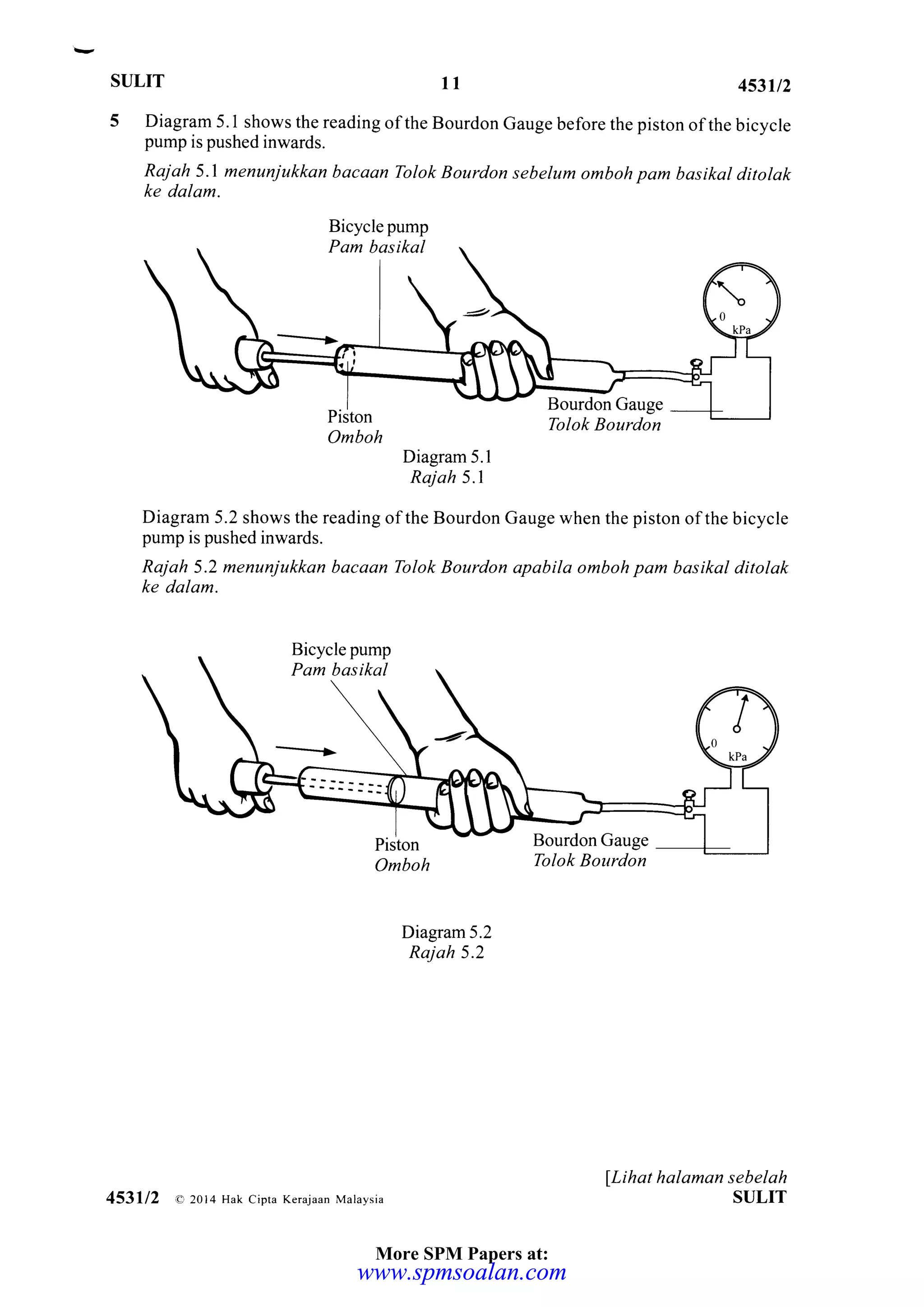 ST]LIT 11 453U2
Diagram 5.1
Rajah 5.1
Diagram 5.2 shows the reading ofthe Bourdon Gauge when the piston ofthe bicycle
pump is pushed inwards.
Rajah 5.2 menunjukkan bacaan Tolok Bourdon apabila omboh pam basikal dilolak
ke dalam.
Bicycle pump
Pam basikal
-------+
5 Diagram 5. I shows the reading ofthe Bourdon Gauge before the piston ofthe bicycle
pump is pushed inwards.
Rajah 5.1 menunjukkan bacaan Tolok Bourdon sebelum omboh pam basikal ditolak
ke dalam.
Piston
Omboh
Diagram 5.2
Rajah 5.2
Bourdon Gauge
Tolok Bourdon
llihat halaman sebelah
SULIT453112 a 2014 Hak cipta Kerajaan Malaysia
Bourdon Gauge
Tolok Bourdon
Bicycle pump
Pam basikal
-------->
Piston
Omboh
More SPM Papers at:
www.spmsoalan.comwww.spmsoalan.com
 