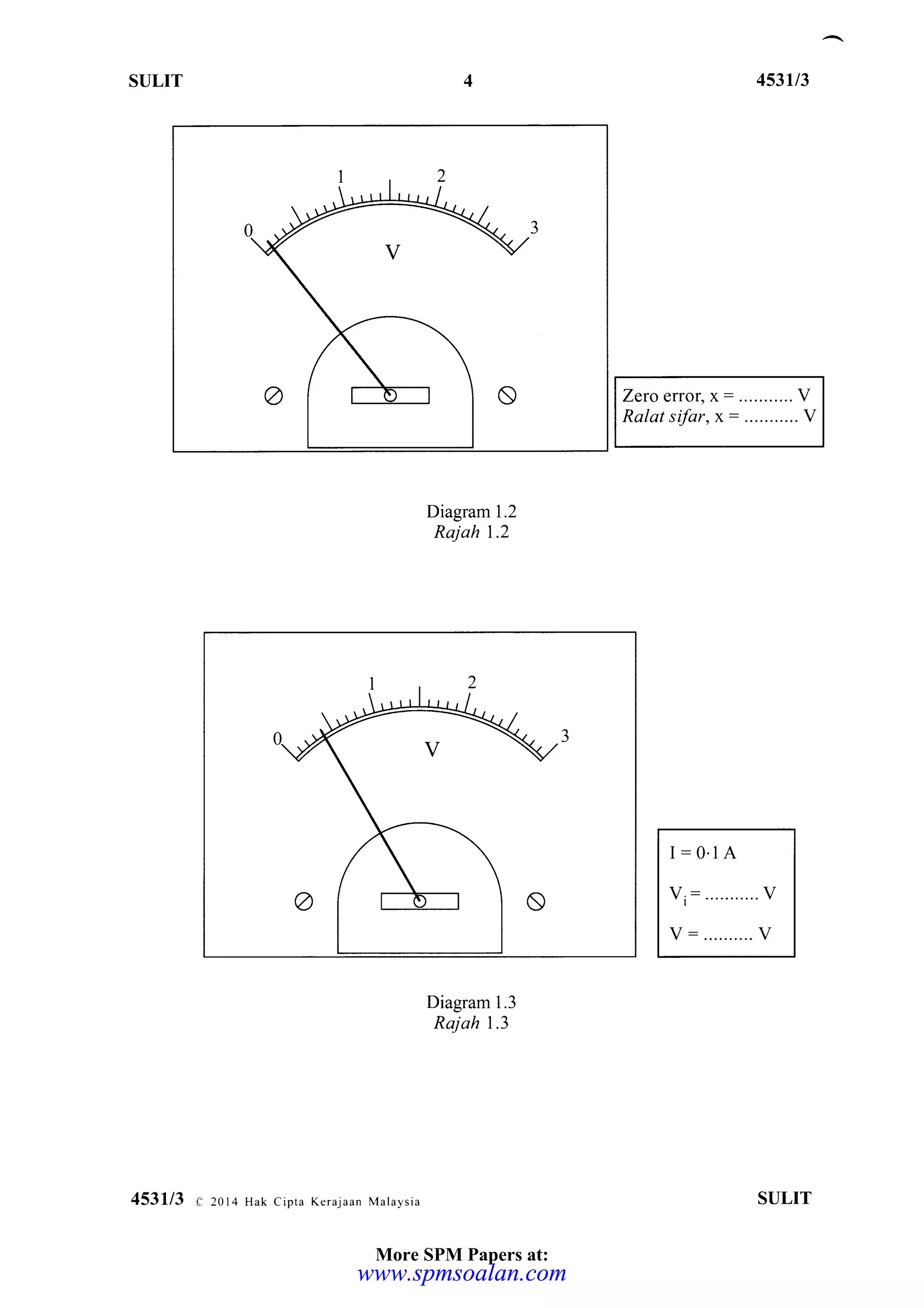 SULIT 453,/3
Zero error, x:
Ralat sifar, x =
I = 0.1A
Diagram 1.2
Rajah 1.2
Diagram 1.3
Rajah 1.3
453113 e 2014 Hak Cipta Kerajaan Malaysia SULIT
More SPM Papers at:
www.spmsoalan.comwww.spmsoalan.com
 
