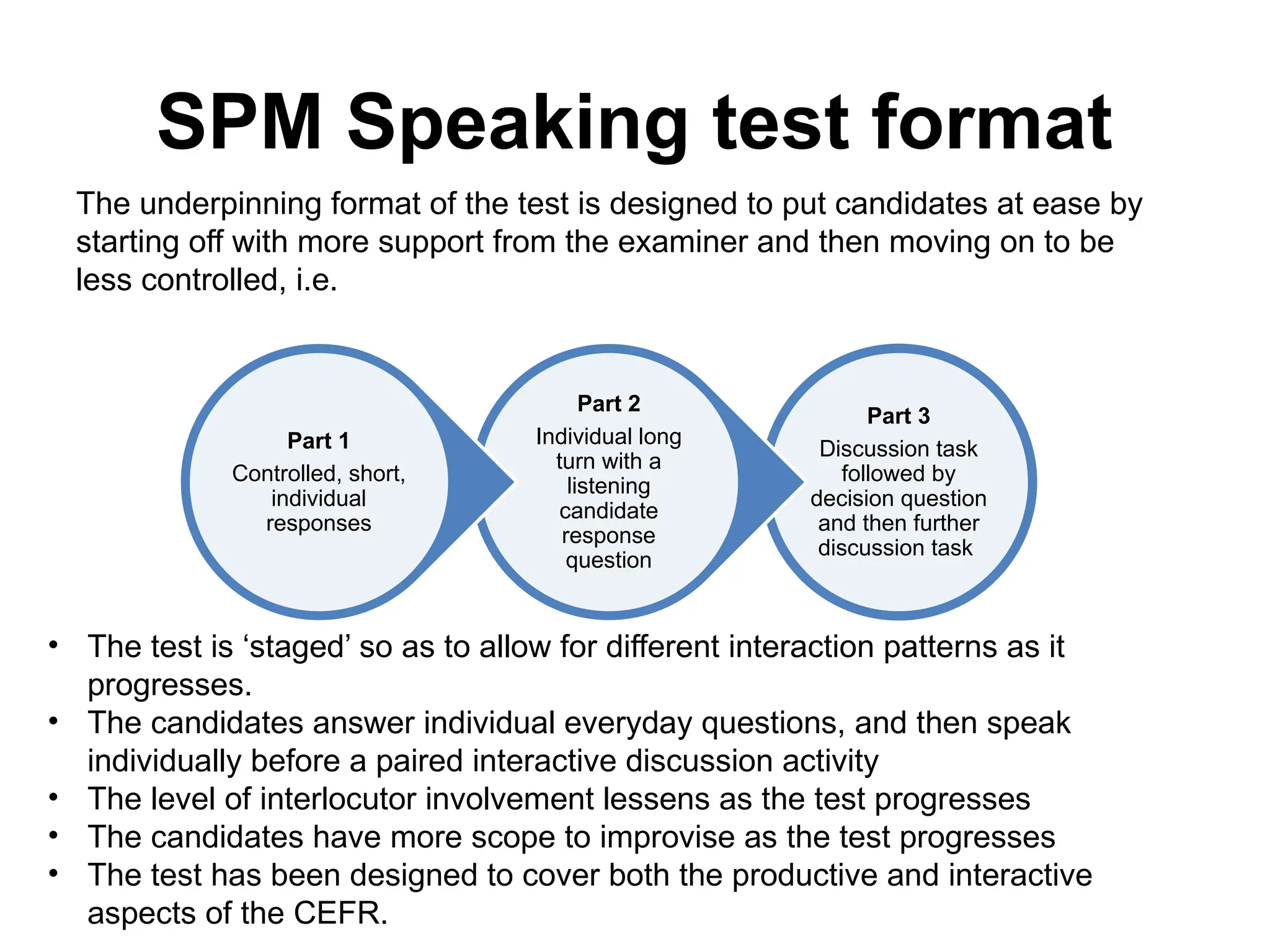 SPM Speaking test format
Part 3
Discussion task
followed by
decision question
and then further
discussion task
Part 2
Individual long
turn with a
listening
candidate
response
question
Part 1
Controlled, short,
individual
responses
• The test is ‘staged’ so as to allow for different interaction patterns as it
progresses.
• The candidates answer individual everyday questions, and then speak
individually before a paired interactive discussion activity
• The level of interlocutor involvement lessens as the test progresses
• The candidates have more scope to improvise as the test progresses
• The test has been designed to cover both the productive and interactive
aspects of the CEFR.
The underpinning format of the test is designed to put candidates at ease by
starting off with more support from the examiner and then moving on to be
less controlled, i.e.
 