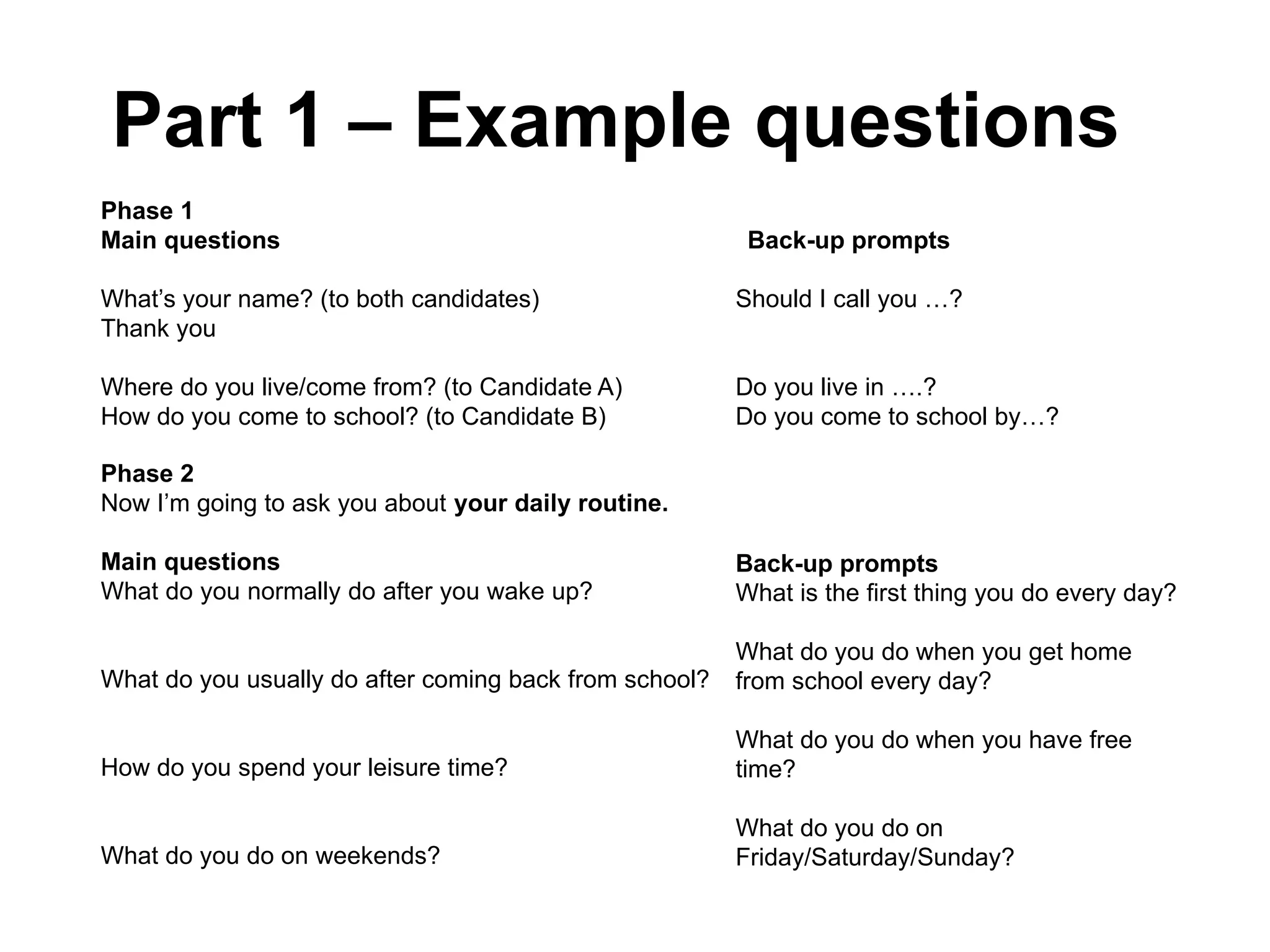 Part 1 – Example questions
Phase 1
Main questions Back-up prompts
What’s your name? (to both candidates)
Thank you
Where do you live/come from? (to Candidate A)
How do you come to school? (to Candidate B)
Should I call you …?
Do you live in ….?
Do you come to school by…?
Phase 2
Now I’m going to ask you about your daily routine.
Main questions
What do you normally do after you wake up?
What do you usually do after coming back from school?
How do you spend your leisure time?
What do you do on weekends?
Back-up prompts
What is the first thing you do every day?
What do you do when you get home
from school every day?
What do you do when you have free
time?
What do you do on
Friday/Saturday/Sunday?
 