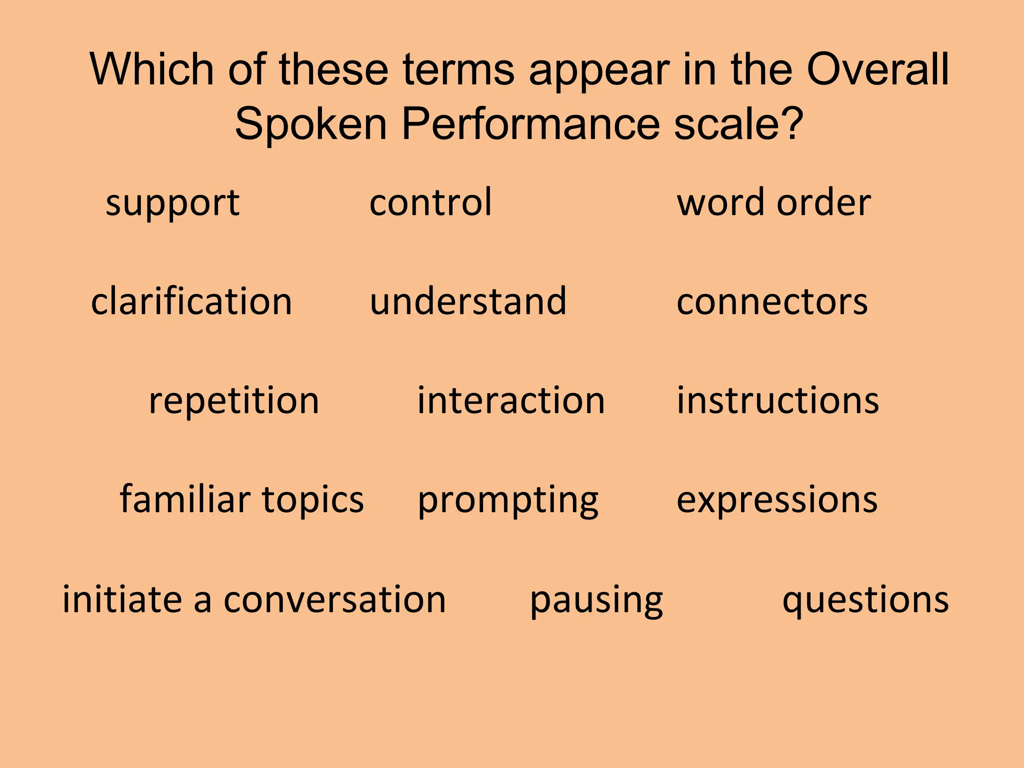 Which of these terms appear in the Overall
Spoken Performance scale?
support control word order
clarification understand connectors
repetition interaction instructions
familiar topics prompting expressions
initiate a conversation pausing questions
 