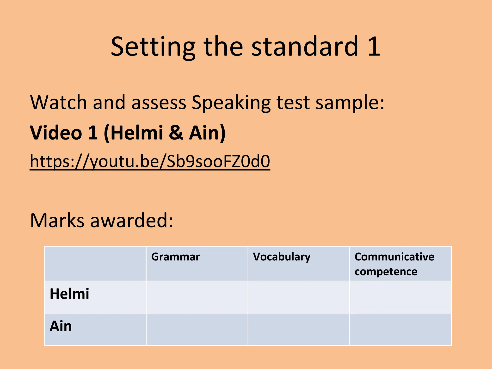 Setting the standard 1
Watch and assess Speaking test sample:
Video 1 (Helmi & Ain)
https://youtu.be/Sb9sooFZ0d0
Marks awarded:
Grammar Vocabulary Communicative
competence
Helmi
Ain
 