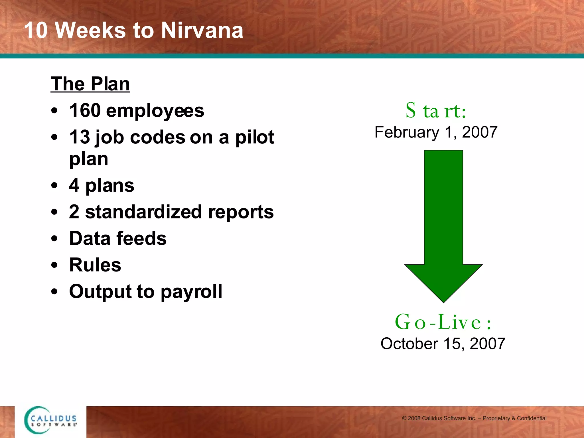 10 Weeks to Nirvana The Plan 160 employees 13 job codes on a pilot plan 4 plans 2 standardized reports Data feeds Rules Output to payroll Start: February 1, 2007 Go-Live: October 15, 2007 