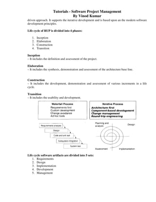 Tutorials - Software Project Management
                                    By Vinod Kumar
driven approach. It supports the iterative development and is based upon an the modern software
development principles.

Life cycle of RUP is divided into 4 phases:

   1.   Inception
   2.   Elaboration
   3.   Construction
   4.   Transition

Inception
– It includes the definition and assessment of the project.

Elaboration
– It includes the synthesis, demonstration and assessment of the architecture base line.


Construction
– It includes the development, demonstration and assessment of various increments in a life
cycle.

Transition
– It includes the usability and development.




Life cycle software artifacts are divided into 5 sets:
   1. Requirements
   2. Design
   3. Implementation
   4. Development
   5. Management
 