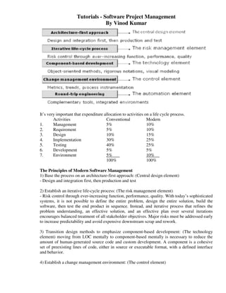 Tutorials - Software Project Management
                                   By Vinod Kumar




It’s very important that expenditure allocation to activities on a life cycle process.
        Activities                    Conventional             Modern
1.      Management                    5%                       10%
2.      Requirement                   5%                       10%
3.      Design                        10%                      15%
4.      Implementation                30%                      25%
5.      Testing                       40%                      25%
6.      Development                   5%                       5%
7.      Environment                   5%                       10%
                                      100%                     100%

The Principles of Modern Software Management
1) Base the process on an architecture-first approach: (Central design element)
- Design and integration first, then production and test

2) Establish an iterative life-cycle process: (The risk management element)
- Risk control through ever-increasing function, performance, quality. With today’s sophisticated
systems, it is not possible to define the entire problem, design the entire solution, build the
software, then test the end product in sequence. Instead, and iterative process that refines the
problem understanding, an effective solution, and an effective plan over several iterations
encourages balanced treatment of all stakeholder objectives. Major risks must be addressed early
to increase predictability and avoid expensive downstream scrap and rework.

3) Transition design methods to emphasize component-based development: (The technology
element) moving from LOC mentally to component-based mentally is necessary to reduce the
amount of human-generated source code and custom development. A component is a cohesive
set of preexisting lines of code, either in source or executable format, with a defined interface
and behavior.

4) Establish a change management environment: (The control element)
 