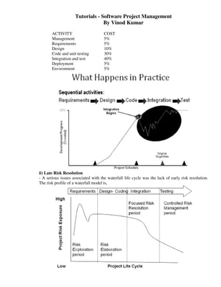 Tutorials - Software Project Management
                                  By Vinod Kumar
       ACTIVITY                      COST
       Management                    5%
       Requirements                  5%
       Design                        10%
       Code and unit testing         30%
       Integration and test          40%
       Deployment                    5%
       Environment                   5%




ii) Late Risk Resolution
- A serious issues associated with the waterfall life cycle was the lack of early risk resolution.
The risk profile of a waterfall model is,
 