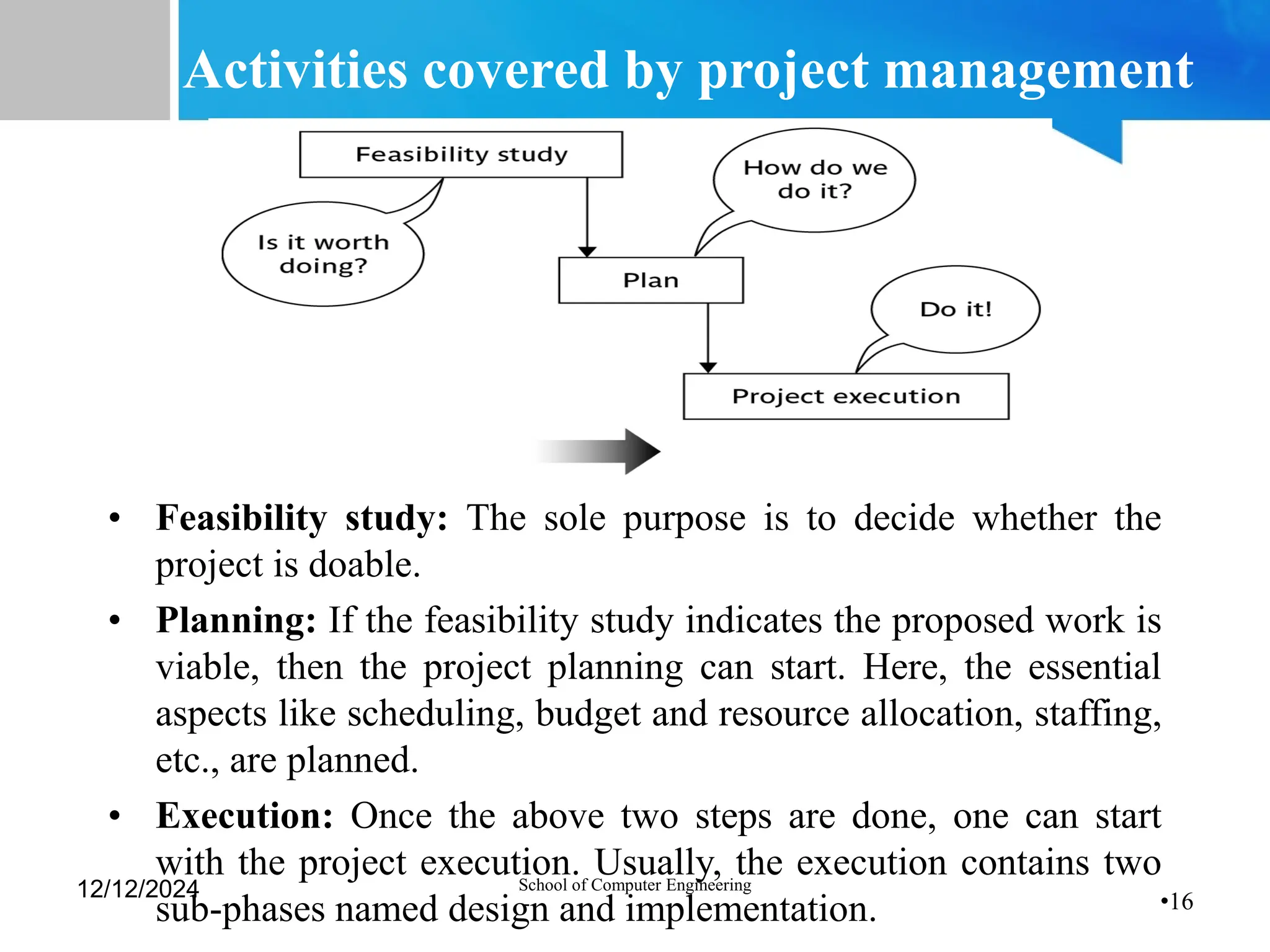 •16
Activities covered by project management
• Feasibility study: The sole purpose is to decide whether the
project is doable.
• Planning: If the feasibility study indicates the proposed work is
viable, then the project planning can start. Here, the essential
aspects like scheduling, budget and resource allocation, staffing,
etc., are planned.
• Execution: Once the above two steps are done, one can start
with the project execution. Usually, the execution contains two
sub-phases named design and implementation.
12/12/2024 School of Computer Engineering
 