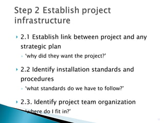 2.1 Establish link between project and any strategic plan ‘ why did they want the project?’ 2.2 Identify installation standards and procedures ‘ what standards do we have to follow?’ 2.3. Identify project team organization ‘ where do I fit in?’ 