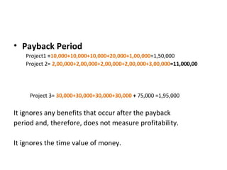 Payback Period Project1  = 10,000+10,000+10,000+20,000+1,00,000 =1,50,000 Project 2=  2,00,000+2,00,000+2,00,000+2,00,000+3,00,000 =11,000,00 Project 3=  30,000+30,000+30,000+30,000  +  75,000 =1,95,000 It ignores any benefits that occur after the payback  period and, therefore, does not measure profitability. It ignores the time value of money. 