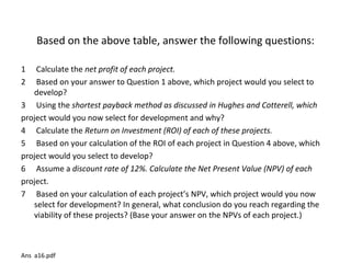 Based on the above table, answer the following questions: 1  Calculate the  net profit of each project. 2  Based on your answer to Question 1 above, which project would you select to develop? 3   Using the  shortest payback method as discussed in Hughes and Cotterell, which project would you now select for development and why? 4  Calculate the  Return on Investment (ROI) of each of these projects. 5  Based on your calculation of the ROI of each project in Question 4 above, which project would you select to develop? 6  Assume a  discount rate of 12%. Calculate the Net Present Value (NPV) of each project. 7  Based on your calculation of each project’s NPV, which project would you now select for development? In general, what conclusion do you reach regarding the viability of these projects? (Base your answer on the NPVs of each project.) Ans  a16.pdf 