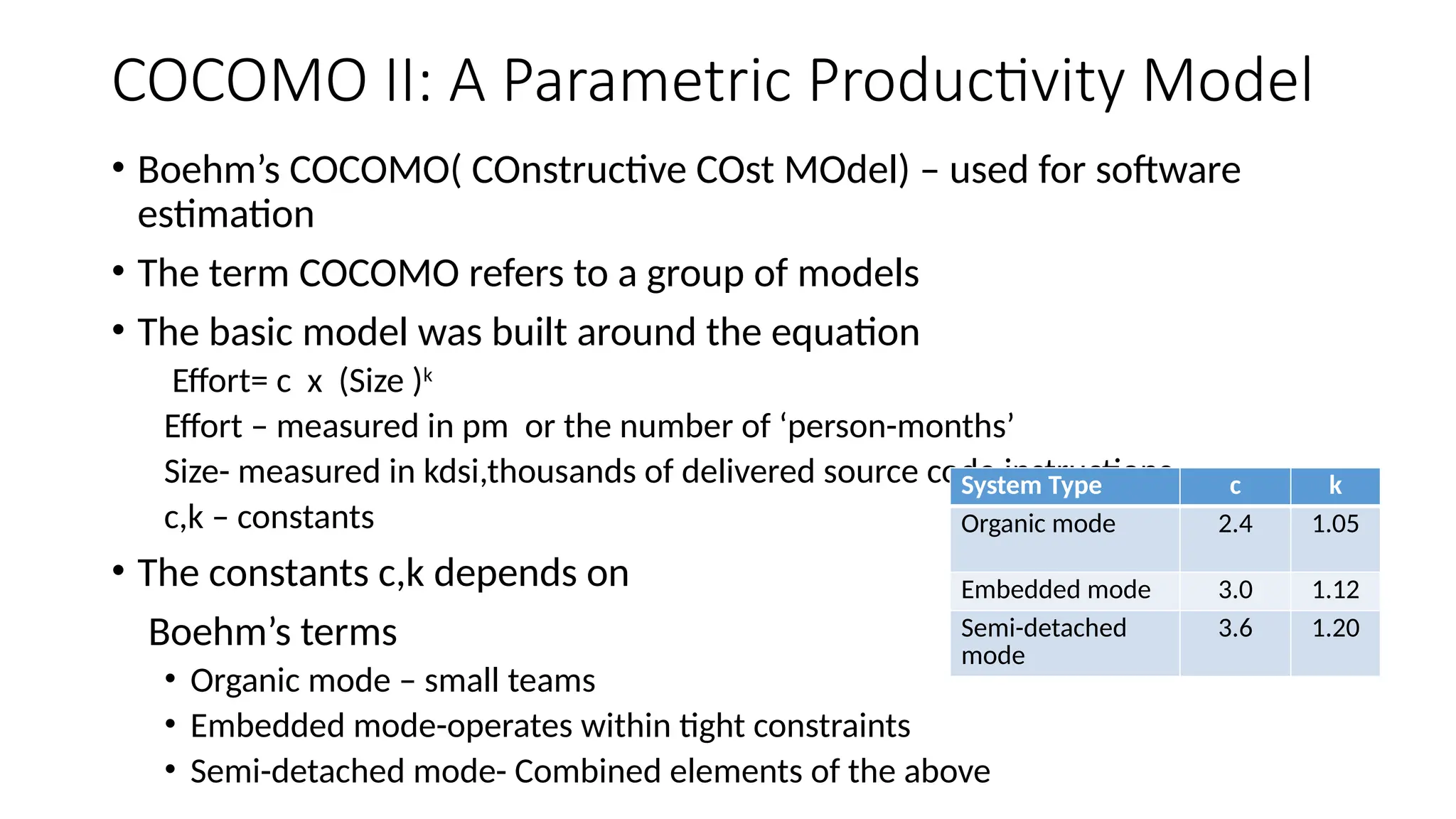 COCOMO II: A Parametric Productivity Model
• Boehm’s COCOMO( COnstructive COst MOdel) – used for software
estimation
• The term COCOMO refers to a group of models
• The basic model was built around the equation
Effort= c x (Size )k
Effort – measured in pm or the number of ‘person-months’
Size- measured in kdsi,thousands of delivered source code instructions
c,k – constants
• The constants c,k depends on
Boehm’s terms
• Organic mode – small teams
• Embedded mode-operates within tight constraints
• Semi-detached mode- Combined elements of the above
System Type c k
Organic mode 2.4 1.05
Embedded mode 3.0 1.12
Semi-detached
mode
3.6 1.20
 