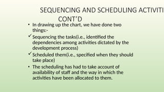 SEQUENCING AND SCHEDULING ACTIVITIE
CONT’D
• In drawing up the chart, we have done two
things:-
Sequencing the tasks(i.e., identified the
dependencies among activities dictated by the
development process)
Scheduled them(i.e., specified when they should
take place)
• The scheduling has had to take account of
availability of staff and the way in which the
activities have been allocated to them.
 
