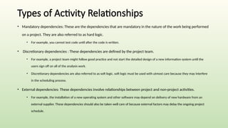 Types of Activity Relationships
• Mandatory dependencies: These are the dependencies that are mandatory in the nature of the work being performed
on a project. They are also referred to as hard logic.
• For example, you cannot test code until after the code is written.
• Discretionary dependencies : These dependencies are defined by the project team.
• For example, a project team might follow good practice and not start the detailed design of a new information system until the
users sign off on all of the analysis work.
• Discretionary dependencies are also referred to as soft logic. soft logic must be used with utmost care because they may interfere
in the scheduling process.
• External dependencies: These dependencies involve relationships between project and non-project activities.
• For example, the installation of a new operating system and other software may depend on delivery of new hardware from an
external supplier. These dependencies should also be taken well care of because external factors may delay the ongoing project
schedule.
 