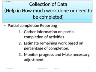 Collection of Data
(Help in How much work done or need to
be completed)
04-05-2023 Faculty Name Unit -2 32
• Partial completion Reporting
1. Gather information on partial
completion of activities.
2. Estimate remaining work based on
percentage of completion.
3. Monitor progress and Make necessary
adjustment.
 
