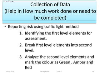 Collection of Data
(Help in How much work done or need to
be completed)
04-05-2023 Faculty Name Unit -2 46
• Reporting risk using traffic light method
1. Identifying the first level elements for
assessment.
2. Break first level elements into second
level.
3. Analyze the second level elements and
mark the colour as Green , Amber and
Red
 