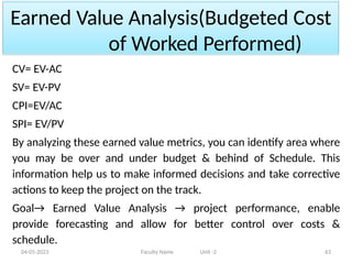 Earned Value Analysis(Budgeted Cost
of Worked Performed)
04-05-2023 Faculty Name Unit -2 63
CV= EV-AC
SV= EV-PV
CPI=EV/AC
SPI= EV/PV
By analyzing these earned value metrics, you can identify area where
you may be over and under budget & behind of Schedule. This
information help us to make informed decisions and take corrective
actions to keep the project on the track.
Goal→ Earned Value Analysis → project performance, enable
provide forecasting and allow for better control over costs &
schedule.
 