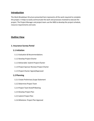 Introduction
The Work Breakdown Structure presented here represents all the work required to complete
this project. It helps to easily communicate the work and processes involved to execute the
project. The Project Manager and project team use the WBS to develop the project schedule,
resource requirements and costs




Outline View


1. Insurance Survey Portal

  1.1 Initiation
    1.1.1 Evaluation & Recommendations

    1.1.2 Develop Project Charter

    1.1.3 Deliverable: Submit Project Charter

    1.1.4 Project Sponsor Reviews Project Charter

    1.1.5 Project Charter Signed/Approved

  1.2 Planning
    1.2.1 Create Preliminary Scope Statement

    1.2.2 Determine Project Team

    1.2.3 Project Team Kickoff Meeting

    1.2.4 Develop Project Plan

    1.2.5 Submit Project Plan

    1.2.6 Milestone: Project Plan Approval
 