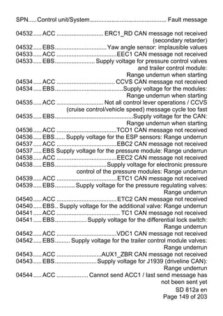 SPN.....Control unit/System.............................................. Fault message

04532 ..... ACC ............................ ERC1_RD CAN message not received
                                                                     (secondary retarder)
04532 ..... EBS............................... Yaw angle sensor: implausible values
04533 ..... ACC ....................................EEC1 CAN message not received
04533 ..... EBS........................ Supply voltage for pressure control valves
                                                               and trailer control module:
                                                          Range underrun when starting
04534 ..... ACC ................................... CCVS CAN message not received
04534 ..... EBS.........................................Supply voltage for the modules:
                                                          Range underrun when starting
04535 ..... ACC ............................ Not all control lever operations / CCVS
                      (cruise control/vehicle speed) message cycle too fast
04535 ..... EBS...............................................Supply voltage for the CAN:
                                                          Range underrun when starting
04536 ..... ACC ....................................TCO1 CAN message not received
04536 ..... EBS...... Supply voltage for the ESP sensors: Range underrun
04537 ..... ACC ....................................EBC2 CAN message not received
04537 ..... EBS Supply voltage for the pressure module: Range underrun
04538 ..... ACC ....................................EEC2 CAN message not received
04538 ..... EBS...............................Supply voltage for electronic pressure
                            control of the pressure modules: Range underrun
04539 ..... ACC .................................... ETC1 CAN message not received
04539 ..... EBS............ Supply voltage for the pressure regulating valves:
                                                                          Range underrun
04540 ..... ACC .................................... ETC2 CAN message not received
04540 ..... EBS.. Supply voltage for the additional valve: Range underrun
04541 ..... ACC ...................................... TC1 CAN message not received
04541 ..... EBS................... Supply voltage for the differential lock switch:
                                                                          Range underrun
04542 ..... ACC ....................................VDC1 CAN message not received
04542 ..... EBS......... Supply voltage for the trailer control module valves:
                                                                          Range underrun
04543 ..... ACC ...........................AUX1_ZBR CAN message not received
04543 ..... EBS......................... Supply voltage for J1939 (driveline CAN):
                                                                          Range underrun
04544 ..... ACC ................... Cannot send ACC1 / last send message has
                                                                         not been sent yet
                                                                              SD 812a en
                                                                          Page 149 of 203
 