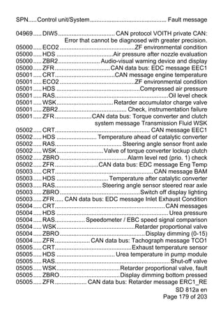 SPN.....Control unit/System.............................................. Fault message

04969 ..... DIW5 .................................. CAN protocol VOITH private CAN:
                      Error that cannot be diagnosed with greater precision.
05000 ..... ECO2 .............................................ZF environmental condition
05000 ..... HDS ..................................Air pressure after nozzle evaluation
05000 ..... ZBR2......................... Audio-visual warning device and display
05000 ..... ZFR ................................. CAN data bus: EDC message EEC1
05001 ..... CRT....................................CAN message engine temperature
05001 ..... ECO2 .............................................ZF environmental condition
05001 ..... HDS ..................................................Compressed air pressure
05001 ..... RAS....................................................................Oil level check
05001 ..... WSK.................................. Retarder accumulator charge valve
05001 ..... ZBR2......................................... Check, instrumentation failure
05001 ..... ZFR ......................CAN data bus: Torque converter and clutch
                                        system message Transmission Fluid WSK
05002 ..... CRT......................................................... CAN message EEC1
05002 ..... HDS ........................ Temperature ahead of catalytic converter
05002 ..... RAS........................................ Steering angle sensor front axle
05002 ..... WSK............................ Valve of torque converter lockup clutch
05002 ..... ZBRO ........................................ Alarm level red (prio. 1) check
05002 ..... ZFR ..........................CAN data bus: EDC message Eng Temp
05003 ..... CRT........................................................... CAN message BAM
05003 ..... HDS ............................... Temperature after catalytic converter
05003 ..... RAS............................ Steering angle sensor steered rear axle
05003 ..... ZBRO ................................................Switch off display lighting
05003 ..... ZFR ..... CAN data bus: EDC message Inlet Exhaust Condition
05004 ..... CRT.................................................................. CAN messages
05004 ..... HDS ................................................................... Urea pressure
05004 ..... RAS.................. Speedometer / EBC speed signal comparison
05004 ..... WSK...............................................Retarder proportional valve
05004 ..... ZBRO ................................................... Display dimming (0-15)
05004 ..... ZFR ..................... CAN data bus: Tachograph message TCO1
05005 ..... CRT..............................................Exhaust temperature sensor
05005 ..... HDS ................................... Urea temperature in pump module
05005 ..... RAS..................................................................... Shut-off valve
05005 ..... WSK......................................Retarder proportional valve, fault
05005 ..... ZBRO ....................................Display dimming bottom pressed
05005 ..... ZFR ................... CAN data bus: Retarder message ERC1_RE
                                                                                      SD 812a en
                                                                                Page 179 of 203
 