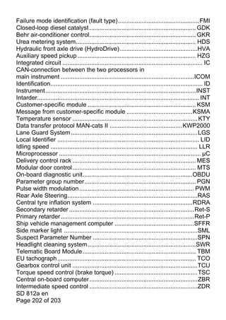 Failure mode identification (fault type)................................................FMI
Closed-loop diesel catalyst ............................................................... GDK
Behr air-conditioner control............................................................... GKR
Urea metering system....................................................................... HDS
Hydraulic front axle drive (HydroDrive)..............................................HVA
Auxiliary speed pickup ...................................................................... HZG
Integrated circuit ................................................................................... IC
CAN-connection between the two processors in
main instrument ...............................................................................ICOM
Identification.......................................................................................... ID
Instrument .........................................................................................INST
Intarder................................................................................................ INT
Customer-specific module ................................................................ KSM
Message from customer-specific module .......................................KSMA
Temperature sensor .......................................................................... KTY
Data transfer protocol MAN-cats II ...........................................KWP2000
Lane Guard System ...........................................................................LGS
Local Identifier .................................................................................... LID
Idling speed ....................................................................................... LLR
Microprocessor .................................................................................... µC
Delivery control rack ......................................................................... MES
Modular door control ......................................................................... MTS
On-board diagnostic unit.................................................................OBDU
Parameter group number.................................................................. PGN
Pulse width modulation.................................................................... PWM
Rear Axle Steering.............................................................................RAS
Central tyre inflation system ...........................................................RDRA
Secondary retarder ..........................................................................Ret-S
Primary retarder ...............................................................................Ret-P
Ship vehicle management computer ...............................................SFFR
Side marker light ...............................................................................SML
Suspect Parameter Number ..............................................................SPN
Headlight cleaning system................................................................SWR
Telematic Board Module ................................................................... TBM
EU tachograph .................................................................................. TCO
Gearbox control unit ..........................................................................TCU
Torque speed control (brake torque) .................................................TSC
Central on-board computer................................................................ZBR
Intermediate speed control ................................................................ZDR
SD 812a en
Page 202 of 203
 