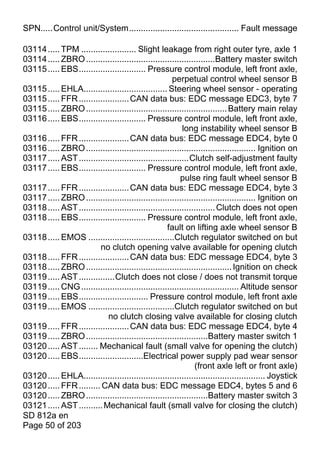 SPN.....Control unit/System.............................................. Fault message

03114 ..... TPM ....................... Slight leakage from right outer tyre, axle 1
03114 ..... ZBRO ......................................................Battery master switch
03115 ..... EBS............................ Pressure control module, left front axle,
                                                       perpetual control wheel sensor B
03115 ..... EHLA................................... Steering wheel sensor - operating
03115 ..... FFR ..................... CAN data bus: EDC message EDC3, byte 7
03115 ..... ZBRO ........................................................... Battery main relay
03116 ..... EBS............................ Pressure control module, left front axle,
                                                           long instability wheel sensor B
03116 ..... FFR ..................... CAN data bus: EDC message EDC4, byte 0
03116 ..... ZBRO ....................................................................... Ignition on
03117 ..... AST ..............................................Clutch self-adjustment faulty
03117 ..... EBS............................ Pressure control module, left front axle,
                                                          pulse ring fault wheel sensor B
03117 ..... FFR ..................... CAN data bus: EDC message EDC4, byte 3
03117 ..... ZBRO ....................................................................... Ignition on
03118 ..... AST ......................................................... Clutch does not open
03118 ..... EBS............................ Pressure control module, left front axle,
                                                     fault on lifting axle wheel sensor B
03118 ..... EMOS ....................................Clutch regulator switched on but
                         no clutch opening valve available for opening clutch
03118 ..... FFR ..................... CAN data bus: EDC message EDC4, byte 3
03118 ..... ZBRO ............................................................. Ignition on check
03119 ..... AST ...............Clutch does not close / does not transmit torque
03119 ..... CNG .................................................................. Altitude sensor
03119 ..... EBS............................. Pressure control module, left front axle
03119 ..... EMOS ....................................Clutch regulator switched on but
                            no clutch closing valve available for closing clutch
03119 ..... FFR ..................... CAN data bus: EDC message EDC4, byte 4
03119 ..... ZBRO ...................................................Battery master switch 1
03120 ..... AST ........ Mechanical fault (small valve for opening the clutch)
03120 ..... EBS...........................Electrical power supply pad wear sensor
                                                                (front axle left or front axle)
03120 ..... EHLA............................................................................ Joystick
03120 ..... FFR ......... CAN data bus: EDC message EDC4, bytes 5 and 6
03120 ..... ZBRO ...................................................Battery master switch 3
03121 ..... AST .......... Mechanical fault (small valve for closing the clutch)
SD 812a en
Page 50 of 203
 