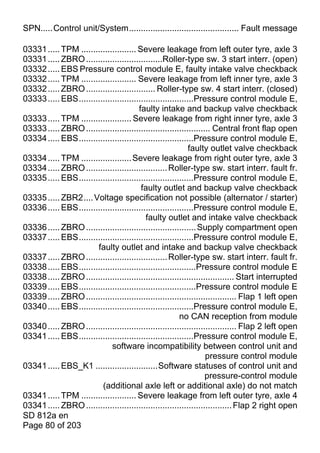 SPN.....Control unit/System.............................................. Fault message

03331 ..... TPM ....................... Severe leakage from left outer tyre, axle 3
03331 ..... ZBRO ................................Roller-type sw. 3 start interr. (open)
03332 ..... EBS Pressure control module E, faulty intake valve checkback
03332 ..... TPM ....................... Severe leakage from left inner tyre, axle 3
03332 ..... ZBRO ............................. Roller-type sw. 4 start interr. (closed)
03333 ..... EBS................................................Pressure control module E,
                                        faulty intake and backup valve checkback
03333 ..... TPM ..................... Severe leakage from right inner tyre, axle 3
03333 ..... ZBRO .................................................... Central front flap open
03334 ..... EBS................................................Pressure control module E,
                                                             faulty outlet valve checkback
03334 ..... TPM ..................... Severe leakage from right outer tyre, axle 3
03334 ..... ZBRO .................................. Roller-type sw. start interr. fault fr.
03335 ..... EBS................................................Pressure control module E,
                                         faulty outlet and backup valve checkback
03335 ..... ZBR2.... Voltage specification not possible (alternator / starter)
03336 ..... EBS................................................Pressure control module E,
                                           faulty outlet and intake valve checkback
03336 ..... ZBRO .............................................. Supply compartment open
03337 ..... EBS................................................Pressure control module E,
                       faulty outlet and intake and backup valve checkback
03337 ..... ZBRO .................................. Roller-type sw. start interr. fault fr.
03338 ..... EBS.................................................Pressure control module E
03338 ..... ZBRO .............................................................. Start interrupted
03339 ..... EBS.................................................Pressure control module E
03339 ..... ZBRO ............................................................... Flap 1 left open
03340 ..... EBS................................................Pressure control module E,
                                                         no CAN reception from module
03340 ..... ZBRO ............................................................... Flap 2 left open
03341 ..... EBS................................................Pressure control module E,
                             software incompatibility between control unit and
                                                                   pressure control module
03341 ..... EBS_K1 ..........................Software statuses of control unit and
                                                                   pressure-control module
                         (additional axle left or additional axle) do not match
03341 ..... TPM ....................... Severe leakage from left outer tyre, axle 4
03341 ..... ZBRO ............................................................. Flap 2 right open
SD 812a en
Page 80 of 203
 