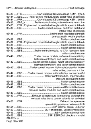 SPN.....Control unit/System.............................................. Fault message

03433 ..... FFR ......................CAN databus: KSM message KSM1, byte 5
03434 ..... EBS........ Trailer control module, faulty outlet valve checkback
03434 ..... FFR ......................CAN databus: KSM message KSM1, byte 8
03435 ..... EBS_K1 ...........Trailer control valve; solenoid valve return line
03435 ..... FFR .. Engine start requested although vehicle speed > 0 km/h
03436 ..... EBS...................... Trailer control module, fault from outlet and
                                                                      intake valve checkback
03436 ..... FFR ........................................ Engine start requested although
                                                           gearbox not in neutral position
03437 ..... EBS........................................................ Trailer control module
03437 ..... FFR .. Engine start requested although vehicle speed > 0 km/h
03438 ..... EBS........................................................ Trailer control module
03439 ..... EBS........................................................ Trailer control module
03440 ..... EBS..................Trailer control module, no CAN reception from
                                                                         trailer control module
03441 ..... EBS................. Trailer control module, software incompatibility
                                  between control unit and trailer control module
03442 ..... EBS............... Trailer control module, 12/24 volt incompatibility
                                  between control unit and trailer control module
03443 ..... EBS...........Trailer control module, high cycle protection intake
                                                            valve active, pressure < 4 bar
03444 ..... EBS........ Trailer control module, arithmetic test not successful
03445 ..... EBS................................ Trailer control module, impermissible
                                                                 pressure on coupling head
03446 ..... EBS........................................................ Trailer control module
03447 ..... EBS........................................................ Trailer control module
03448 ..... EBS........ Trailer control module, pressure differential between
                         pressure control modules and trailer control module
03449 ..... EBS........................................................ Trailer control module
03449 ..... FFR .............. Exhaust backpressure is measured although the
                             exhaust valve brake control valve is not activated
03450 ..... FFR ....................................................... Exhaust backpressure
                                                  (plausibility pressure - valve control)
03451 ..... EBS...........................................ESP, internal control unit error
03453 ..... EBS................................ ESP, checkback, voltage implausible
03455 ..... EBS................................................ESP configuration not valid
03456 ..... EBS.....................................ESP, EEPROM, checksum invalid
SD 812a en
Page 88 of 203
 