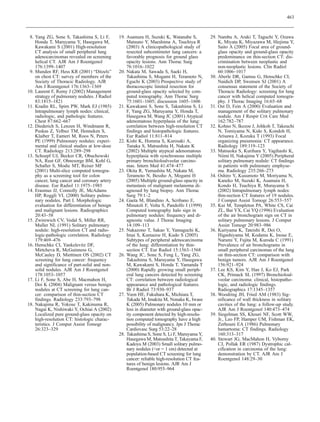 463



 8. Yang ZG, Sone S, Takashima S, Li F,        19. Asamura H, Suzuki K, Watanabe S,           29. Nambu A, Araki T, Taguchi Y, Ozawa
    Honda T, Maruyama Y, Hasegawa M,               Matsuno Y, Maeshima A, Tsuchiya R              K, Miyata K, Miyazawa M, Hiejima Y,
    Kawakami S (2001) High-resolution              (2003) A clinicopathological study of          Saito A (2005) Focal area of ground-
    CT analysis of small peripheral lung           resected subcentimeter lung cancers: a         glass opacity and ground-glass opacity
    adenocarcinomas revealed on screening          favorable prognosis for ground glass           predominance on thin-section CT: dis-
    helical CT. AJR Am J Roentgenol                opacity lesions. Ann Thorac Surg               crimination between neoplastic and
    176:1399–1407                                  76:1016–1022                                   non-neoplastic lesions. Clin Radiol
 9. Munden RF, Hess KR (2001) “Ditzels”        20. Nakata M, Sawada S, Saeki H,                   60:1006–1017
    on chest CT: survey of members of the          Takashima S, Mogami H, Teramoto N,         30. Aberle DR, Gamsu G, Henschke CI,
    Society of Thoracic Radiology. AJR             Eguchi K (2003) Prospective study of           Naidich DP, Swensen SJ (2001) A
    Am J Roentgenol 176:1363–1369                  thoracoscopic limited resection for            consensus statement of the Society of
10. Laurent F, Remy J (2002) Management            ground-glass opacity selected by com-          Thoracic Radiology: screening for lung
    strategy of pulmonary nodules. J Radiol        puted tomography. Ann Thorac Surg              cancer with helical computed tomogra-
    83:1815–1821                                   75:1601–1605; discussion 1605–1606             phy. J Thorac Imaging 16:65–68
11. Kradin RL, Spirn PW, Mark EJ (1985)        21. Kawakami S, Sone S, Takashima S, Li        31. Ost D, Fein A (2000) Evaluation and
    Intrapulmonary lymph nodes: clinical,          F, Yang ZG, Maruyama Y, Honda T,               management of the solitary pulmonary
    radiologic, and pathologic features.           Hasegawa M, Wang JC (2001) Atypical            nodule. Am J Respir Crit Care Med
    Chest 87:662–667                               adenomatous hyperplasia of the lung:           162:782–787
12. Diederich S, Lenzen H, Windmann R,             correlation between high-resolution CT     32. Kohno N, Ikezoe J, Johkoh T, Takeuchi
    Puskas Z, Yelbuz TM, Henneken S,               findings and histopathologic features.         N, Tomiyama N, Kido S, Kondoh H,
    Klaiber T, Eameri M, Roos N, Peters            Eur Radiol 11:811–814                          Arisawa J, Kozuka T (1993) Focal
    PE (1999) Pulmonary nodules: experi-       22. Kishi K, Homma S, Kurosaki A,                  organizing pneumonia: CT appearance.
    mental and clinical studies at low-dose        Tanaka S, Matsushita H, Nakata K               Radiology 189:119–123
    CT. Radiology 213:289–298                      (2002) Multiple atypical adenomatous       33. Matsuoka S, Kurihara Y, Yagihashi K,
13. Schoepf UJ, Becker CR, Obuchowski              hyperplasia with synchronous multiple          Niimi H, Nakajima Y (2005) Peripheral
    NA, Rust GF, Ohnesorge BM, Kohl G,             primary bronchioloalveolar carcino-            solitary pulmonary nodule: CT findings
    Schaller S, Modic MT, Reiser MF                mas. Intern Med 41:474–477                     in patients with pulmonary emphyse-
    (2001) Multi-slice computed tomogra-       23. Okita R, Yamashita M, Nakata M,                ma. Radiology 235:266–273
    phy as a screening tool for colon              Teramoto N, Bessho A, Mogami H             34. Oshiro Y, Kusumoto M, Moriyama N,
    cancer, lung cancer and coronary artery        (2005) Multiple ground-glass opacity in        Kaneko M, Suzuki K, Asamura H,
    disease. Eur Radiol 11:1975–1985               metastasis of malignant melanoma di-           Kondo H, Tsuchiya R, Murayama S
14. Erasmus JJ, Connolly JE, McAdams               agnosed by lung biopsy. Ann Thorac             (2002) Intrapulmonary lymph nodes:
    HP, Roggli VL (2000) Solitary pulmo-           Surg 79:1–2                                    thin-section CT features of 19 nodules.
    nary nodules. Part I. Morphologic          24. Gaeta M, Blandino A, Scribano E,               J Comput Assist Tomogr 26:553–557
    evaluation for differentiation of benign       Minutoli F, Volta S, Pandolfo I (1999)     35. Kui M, Templeton PA, White CS, Cai
    and malignant lesions. Radiographics           Computed tomography halo sign in               ZL, Bai YX, Cai YQ (1996) Evaluation
    20:43–58                                       pulmonary nodules: frequency and di-           of the air bronchogram sign on CT in
15. Zwirewich CV, Vedal S, Miller RR,              agnostic value. J Thorac Imaging               solitary pulmonary lesions. J Comput
    Muller NL (1991) Solitary pulmonary            14:109–113                                     Assist Tomogr 20:983–986
    nodule: high-resolution CT and radio-      25. Nakazono T, Sakao Y, Yamaguchi K,          36. Kuriyama K, Tateishi R, Doi O,
    logic-pathologic correlation. Radiology        Imai S, Kumazoe H, Kudo S (2005)               Higashiyama M, Kodama K, Inoue E,
    179:469–476                                    Subtypes of peripheral adenocarcinoma          Narumi Y, Fujita M, Kuroda C (1991)
16. Henschke CI, Yankelevitz DF,                   of the lung: differentiation by thin-          Prevalence of air bronchograms in
    Mirtcheva R, McGuinness G,                     section CT. Eur Radiol 15:1563–1568            small peripheral carcinomas of the lung
    McCauley D, Miettinen OS (2002) CT         26. Wang JC, Sone S, Feng L, Yang ZG,              on thin-section CT: comparison with
    screening for lung cancer: frequency           Takashima S, Maruyama Y, Hasegawa              benign tumors. AJR Am J Roentgenol
    and significance of part-solid and non-        M, Kawakami S, Honda T, Yamanda T              156:921–924
    solid nodules. AJR Am J Roentgenol             (2000) Rapidly growing small periph-       37. Lee KS, Kim Y, Han J, Ko EJ, Park
    178:1053–1057                                  eral lung cancers detected by screening        CK, Primack SL (1997) Bronchioloal-
17. Li F, Sone S, Abe H, Macmahon H,               CT: correlation between radiological           veolar carcinoma: clinical, histopatho-
    Doi K (2004) Malignant versus benign           appearance and pathological features.          logic, and radiologic findings.
    nodules at CT screening for lung can-          Br J Radiol 73:930–937                         Radiographics 17:1345–1357
    cer: comparison of thin-section CT         27. Yoon HE, Fukuhara K, Michiura T,           38. Woodring JH, Fried AM (1983) Sig-
    findings. Radiology 233:793–798                Takada M, Imakita M, Nonaka K, Iwase           nificance of wall thickness in solitary
18. Nakajima R, Yokose T, Kakinuma R,              K (2005) Pulmonary nodules 10 mm or            cavities of the lung: a follow-up study.
    Nagai K, Nishiwaki Y, Ochiai A (2002)          less in diameter with ground-glass opac-       AJR Am J Roentgenol 140:473–474
    Localized pure ground-glass opacity on         ity component detected by high-resolu-     39. Siegelman SS, Khouri NF, Scott WW,
    high-resolution CT: histologic charac-         tion computed tomography have a high           Jr., Leo FP, Hamper UM, Fishman EK,
    teristics. J Comput Assist Tomogr              possibility of malignancy. Jpn J Thorac        Zerhouni EA (1986) Pulmonary
    26:323–329                                     Cardiovasc Surg 53:22–28                       hamartoma: CT findings. Radiology
                                               28. Takashima S, Sone S, Li F, Maruyama Y,         160:313–317
                                                   Hasegawa M, Matsushita T, Takayama F,      40. Stewart JG, MacMahon H, Vyborny
                                                   Kadoya M (2003) Small solitary pulmo-          CJ, Pollak ER (1987) Dystrophic cal-
                                                   nary nodules (or = 1 cm) detected at          cification in carcinoma of the lung:
                                                   population-based CT screening for lung         demonstration by CT. AJR Am J
                                                   cancer: reliable high-resolution CT fea-       Roentgenol 148:29–30
                                                   tures of benign lesions. AJR Am J
                                                   Roentgenol 180:955–964
 