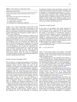 457



Table 4 Criteria defining an indeterminate nodule               investigation of thoracic and extra-thoracic extension with
Indeterminate nodule criteria                                   tumour characterisation. When the nodule is less than 1 cm
                                                                in diameter or of ground glass attenuation on CT, PET is
Persistent ground glass nodule measuring less than 10 mm in     not indicated as it contributes little to nodule characterisa-
 diameter                                                       tion and overall evaluation in these situations [54]. With
Solid nodule of less than 20 mm in diameter with                integrated PET/CT, additional certainty to the presence or
  Non-spiculated contours                                       absence of FDG uptake in the pulmonary nodule can be
  No air bronchogram or pseudocavitation                        achieved because morphologic criteria and functional CT
  No malignant-type calcification                               criteria are available simultaneously [55].
  No intralesional fat or benign-type calification

                                                                Evaluation of nodule growth
nodule, over a region representing at least 60% of the
nodule’s surface area. Given that measurement of the            In the course of surveillance, this entails repeated CT
density is difficult for heterogeneous lesions and those less   examinations in order to screen for growth, reduction in
than 1 cm in diameter, in practice this technique only yields   size or resolution of the nodule [56, 57]. In order to limit
reliable information for homogenous nodules equal to or         the number of surveillance CT examinations required, a
above 8 mm in diameter.                                         search for previous imaging is always recommended for
   In another study of solitary pulmonary nodules present       comparison. This is often sufficient to demonstrate the
in 131 patients, after injection of 120 ml of contrast with     stability or significant growth of a nodule. In all cases,
repeated acquisitions every 20 s over a period of 3 min,        surveillance examinations should be performed at low dose
enhancement of 30 HU or more was the retained criterion         using thin collimation, without contrast injection, and if
for malignancy [45]. The sensitivity and negative pre-          possible limited to the volume of interest.
dictive value for the diagnosis of malignancy were 99 and          The “doubling time” (DT) of a nodule can be calculated
97% respectively. The specificity and positive predictive       using the following formula:
value for malignancy were 54 and 71% respectively, the                          
overall diagnostic accuracy being 78%. As part of the same      DT ¼ ðt: ln 2Þ lnðV f=ViÞ
study, the peak enhancement value within the nodule
positively correlated with both the concentration of
microvessels present within the lesion on histological          where Vi is the initial volume of the nodule, Vf the final
examination and the scoring of immunological markers for        volume, t the time interval between observations and ln the
vascular endothelial growth factor.                             logarithmic value. This formula is based on an exponential
                                                                model of nodule growth.
                                                                   The doubling time of most malignant solid nodules is
Positron emission tomography (PET)                              between 30 and 400 days. Nodules displaying more rapid
                                                                or slower doubling times are typically benign in origin [58,
PET provides in vivo functional mapping of 2-F18-fluoro-        59]. Radiological stability, either on chest radiography or
2-deoxy-D-Glucose (FDG) fixation, which is elevated in          CT, over a period greater than 2 years implies a doubling
neoplastic lesions [46–49]. Today, the value of this            time of at least 730 days, which is generally considered to
technique in the diagnosis of malignant pulmonary nodules       be a reliable indicator of a benign lesion [56, 60].
is well documented. A recent meta-analysis reported a              Several studies have estimated that the average doubling
sensitivity of 90% and a specificity of 83% for diagnosing      time of tumours lies between 160 and 180 days, assuming a
malignancy [50]. Yet, certain histological types with low       constant growth rate. However, all of these studies
metabolism such as low-grade adenocarcinoma, bronchio-          recognise a large variation in the volume doubling time
loalveolar cell carcinoma and carcinoid tumours, may give       of nodules detected, and in one study 22% of tumours had a
rise to false negative results for this technique [51–54].      volume doubling time of 465 days or more.
False positives may also be seen with infectious or                Non-solid nodules, both ground glass and mixed, may
inflammatory processes, and granulomatous disorders             have a much longer doubling time [61]. Hasegawa and coll.
such as Wegener’s disease or sarcoidosis, which trap            have reported an analysis of the growth rates of small
FDG. In addition, the diagnostic performance of PET             cancers detected during a 3-year screening program [62].
decreases considerably for lesions less than 6 mm in size.      The average volume doubling time was 189 days for solid
   Taking into account its high negative predictive value, if   nodules, 457 days for mixed nodules and 813 days for
a pulmonary lesion of 10 mm or more does not fix with           ground glass nodules. These results therefore suggest the
FDG, clinical and radiological surveillance may be              need for more prolonged surveillance of ground glass
proposed, thereby avoiding surgery. Another interest of         nodules than for solid nodules. It is important to remember
the technique lies also in the possibility of combining         that, according to the high probability of malignancy,
 