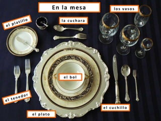 En la mesa
l a c u c h a ra
l o s v a s o s
e l p l a t o
e l b o l
e l c u c h i l l o
 