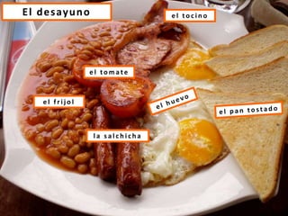 El desayuno e l t o c i n o
e l t o m a t e
e l f r i j o l
l a s a l c h i c h a
 